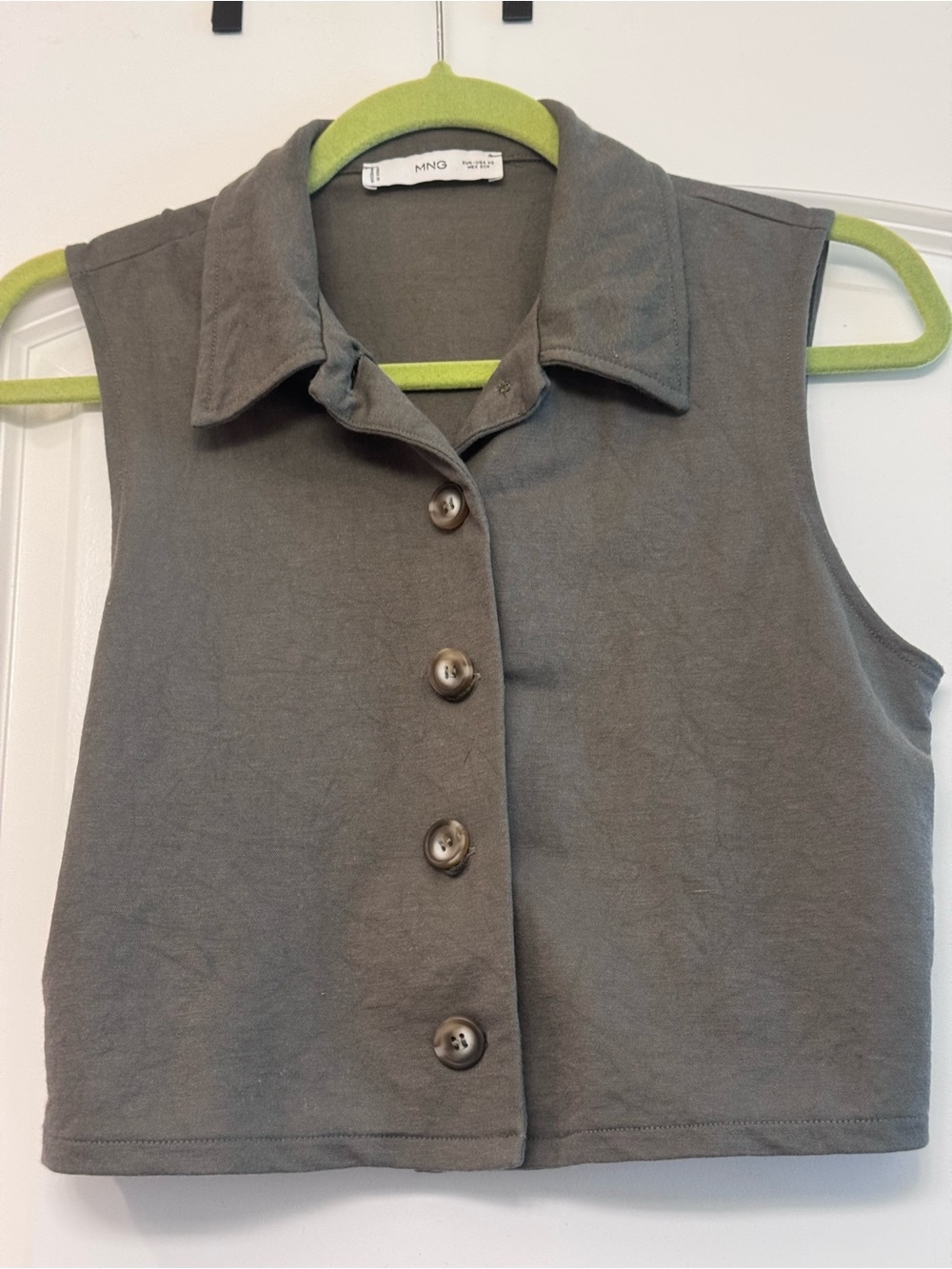 MNG Sleeveless Button Front Crop Vest - Olive Green